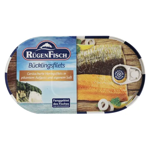 Rügen Fisch Fischkonserve, Rügen Fisch Bücklingsfilets in Rapsöl und eigenem Saft geräuchert 190g