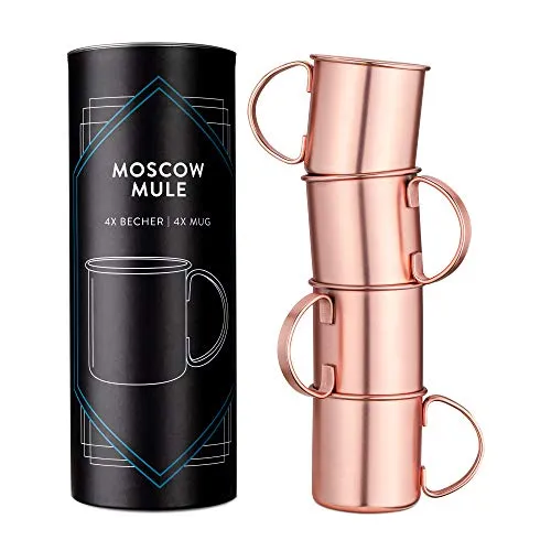 Navaris Moscow Mule Becher 4er Set - 4x Kupferbecher für Moskau Mule Gin Bier - Cocktail Mug Mule-Becher glatt - Tasse aus Edelstahl mit Kupfer