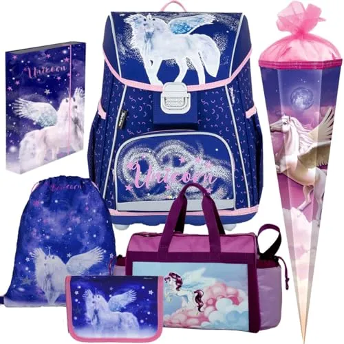 Oxybag Schulranzen Mädchen 1.Klasse Einhorn Premium 6tlg. Set mit Sporttasche und Schultüte - Umfangreiches Premium-Set für die 1. Klasse: Schulranzen mit durchdachten Fächern, Sporttasche mit großem Hauptfach und separatem Nassfach, plus Schultüte und Heftbox. Ideal für einen gelungenen Schulstart!