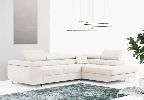 MKS MEBLE Ecksofa Wohnzimmer - Wohnlandschaft - Schlafsofa mit Bettkasten - Polstersofa mit Schlaffunktion - Boucle L Couch - Gustaw - Rechts - Weiß (Abriamo 4)