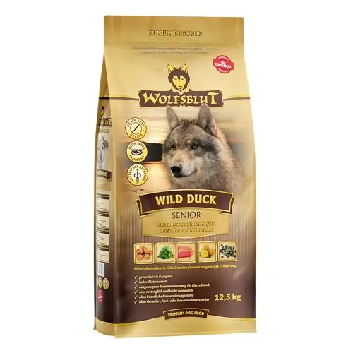 Wolfsblut Senior Wild Duck - Ente und Kartoffel Trockenfutter 12,5 kg - Hundefutter für Senioren, getreidefrei und hypoallergen, ideal für empfindliche Hunde mit hohem Nährstoffbedarf.