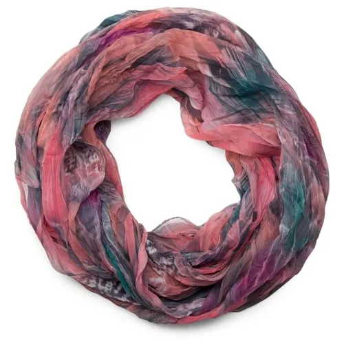 styleBREAKER Damen Loopschal Feder Muster Batik Style | leichter Schlauchschal mit Crash Crinkle Optik | weiches Halstuch für Frühling und Sommer, Farbe:Rose