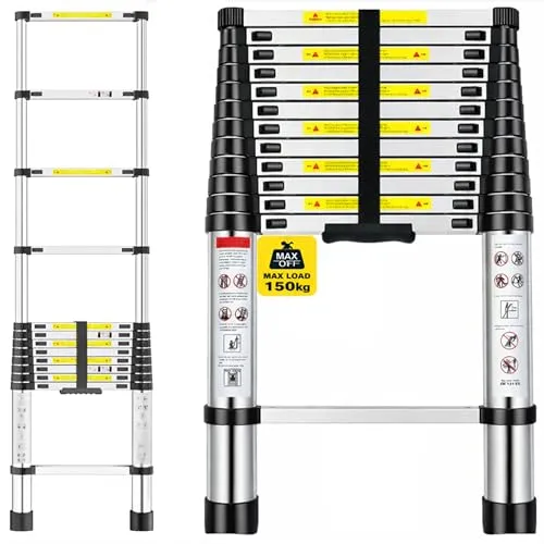 Teleskopleiter Ausziehbar aus Aluminium – 3,8m / 380cm Klappbare Anlegeleiter, rutschfeste Teleskop Leiter, Belastbar & Platzsparend, Höhenverstellbare Leiter für Haushalt & Baustelle 150kg