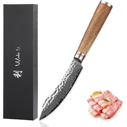 Wakoli Nussbaum Damast Steakmesser 12,5 cm - Küchenmesser aus 67 Lagen japanischem Damaststahl mit Nussbaumholzgriff - extrem scharf und ideal für Steakliebhaber, auch als edles Geschenk in hochwertiger Box.