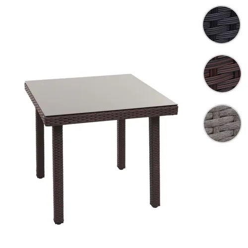 Poly-Rattan Gartentisch Cava, 80x80cm - Stilvoller Esstisch mit Glasplatte - Gartentisch aus Poly-Rattan mit stabiler Glasplatte, ideal für Garten und Wohnräume. Verstellbare Kunststoffschrauben gleichen Bodenunebenheiten aus und sorgen für Komfort.