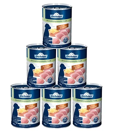 Dehner Premium Hundefutter Sensitive, Nassfutter zuckerfrei / getreidefrei, für ausgewachsene ernährugssensible Hunde, Huhn / Kartoffel, 6 x 400 g Dose (2.4 kg)
