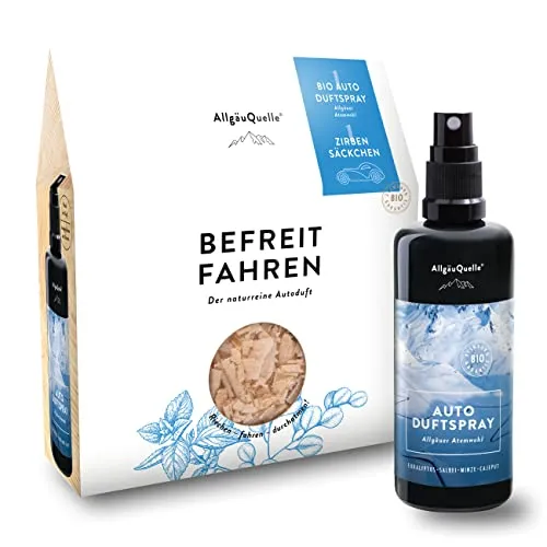 AllgäuQuelle® BIO Auto-Duft-Set BEFREIT FAHREN | Lufterfrischer: Duftspray & Zirben-Säckchen als natürlicher Duftbaum | Auto-Erfrischer Spray | Auto-Zubehör Set für Auto Innenraum und Wohnmobil