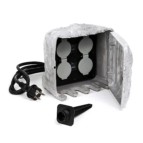 Gartensteckdose 4fach in Steinoptik, IP44, Außensteckdose mit Sensor für Dämmerung und 1,5m Kabel grau