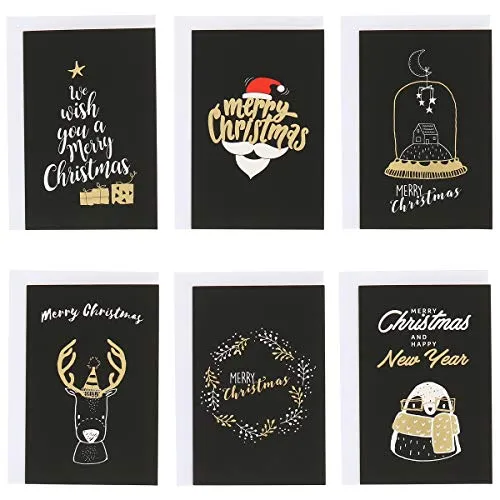 SHIPITNOW 6 x Weihnachtsgrußkarte, glänzend, schwarz und gold, mit weißem Umschlag, originelles Weihnachtskarten-Set, modernes Design, Weihnachtsmann, Rentier, Geschenk und Motiv Weihnachten zum