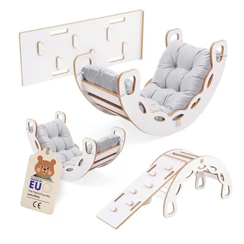MISIOO Rocker 4in1 Kinderwippe - Indoor Spielplatz Kletterbogen mit Kissen, Klettern Kinder Indoor, inklusive Kletterwand/Rutsche 90x35 cm, Wippe 90x41x50 cm, bis 40 kg