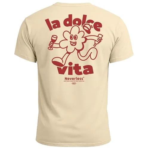 Neverless® Herren T-Shirt Backprint La Dolce Vita Grafikshirt Schriftzug Fashion Streetstyle Natur-rot XXL