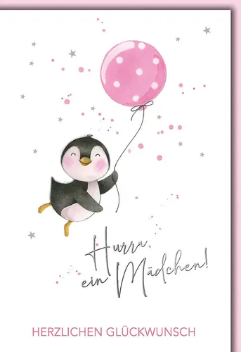 Baby - Karte mit Umschlag - Pinguin mit rosa Luftballon