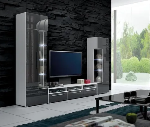 Luxuriöse Wohnwand mit TV-Lowboard und 2 Vitrinen - Modernes Set - Elegante Wohnwand in Schwarz, ausgestattet mit LED-Beleuchtung, 3 Schubladen und 8 Regalfächern. Ideal für ein stilvolles Wohnzimmer, platzsparend und funktional.