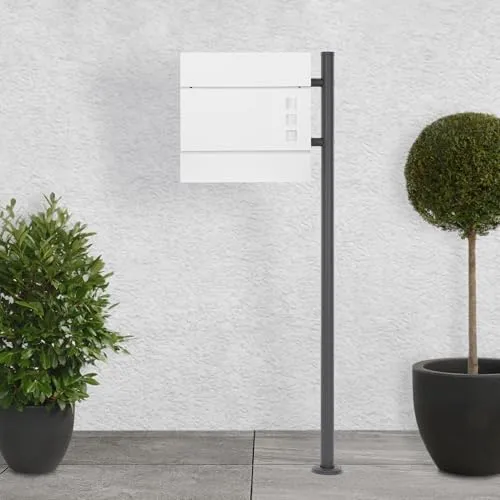Standbriefkasten aus Stahl in Weiß mit Ständer - Moderner Briefkasten mit wetterfestem Design und Zeitungsfach, ideal für Ihr Zuhause. Maße: 37 x 36,5 x 11 cm, Gewicht: 3,2 kg.