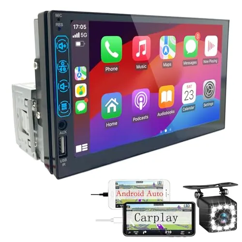 Autoradio Bluetooth 1 DIN mit Carplay und Android Auto – 7 Zoll HD Touchscreen Post Radio Auto Unterstützung Spiegel iOS / Android / FM Radio / USB / EQ – Autoradio mit Rückfahrkamera
