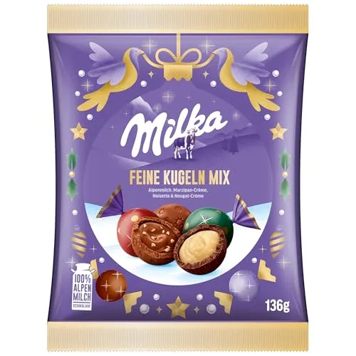 Milka Feine Kugeln Mix – Mischung aus Alpenmilch-, Noisette-, Nougat-Crème- und Weißer Schokolade – einzeln verpackt – 136g
