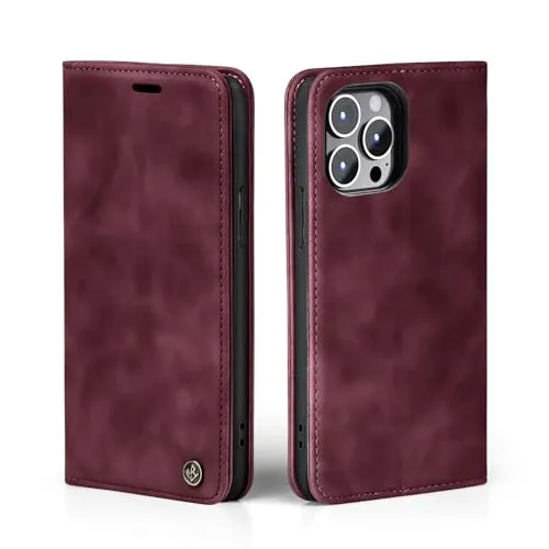 LBH Handyhülle für Apple iPhone 14 Pro in Weinrot mit Karten- und Geldfach Smartphone Hülle mit Standfunktion Flip Case Schutzhülle Magnetverschluss Vintage
