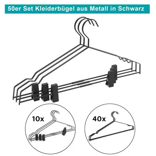 Metall Kleiderbügel Klammerbügel 41cm schwarz schmales eckiges Design 50er SET
