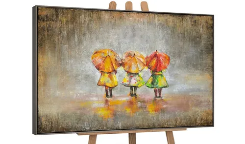 YS-Art Gemälde Sommerregen, Menschen, Kinder mit Regenschirm Leinwand Bild Handgemalt Kinderzimmer