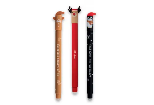Eberhard Faber Animal Erase Stifte - Korrigierbarer Gelschreiber Winterset - 3 radierbare Gelstifte mit süßen Wintermotiven: Pinguin, Lebkuchen und Rentier. Ideal für Schule und Büro, mit 0,7 mm Strichstärke für präzises Schreiben. Nachfüllbar für nachhaltigen Einsatz.