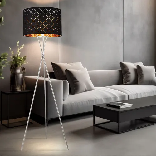 Stehlampe Textilschirm schwarz gold - Elegante Beistellleuchte mit Stativdesign - Stehleuchte mit edlem Textilschirm in schwarz und gold, sorgt für ein bezauberndes Licht-Schattenspiel. Ideal für stilvolle Wohnräume, E27 Fassung für individuelles Leuchtmittel.