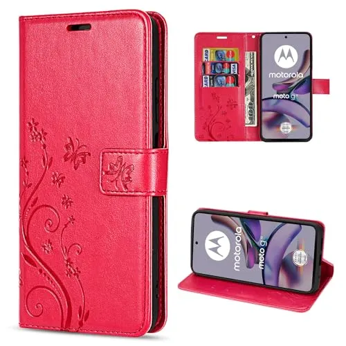 Produktbild betterfon Hülle Kompatibel mit Motorola Moto G13 / G23 | Premium PU Leder Handyhülle Wallet Case für Moto G13 / G23 | Schutzhülle Blumen Klapphülle Handyhülle | Rot