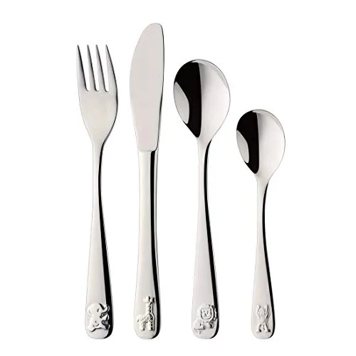 PW Paul Wirths Zoo Kinderbesteck Set für Kinder ab 3 Jahren, Edelstahl rostfrei & poliert, spülmaschinenfest, Besteck Set 4-teilig, Mit Geschenketui, Silber