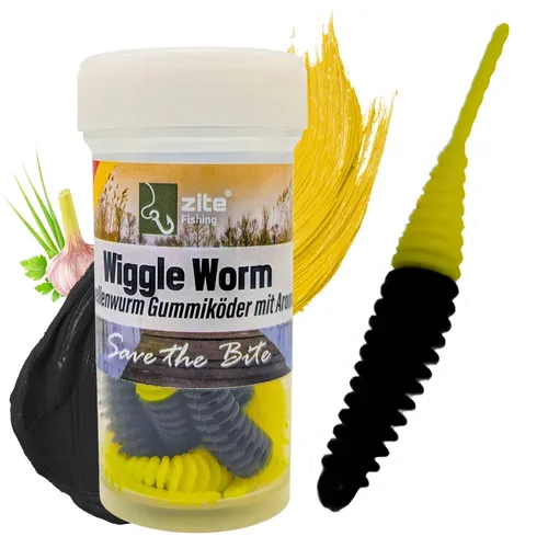 Zite Fishing Wiggle Worm Schwarz Gelb Knoblauch 5,5 cm 10 Stück