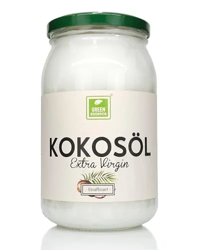 Kokosöl Kaltgepresst Nativ von der Grünen Essenz Kokosnuss duftendes Öl im Bügelglas zum Kochen Backen zur Körperpflege 100% natürlich unraffiniert Kokosnussöl Extra Virgin (900 ml)