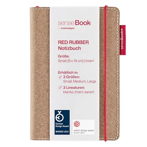 transotype senseBook RED RUBBER Design Notizbuch, small - ca. A6, liniert, weitere Varianten auswählbar, mit rotem Gummiband, edles Rinderleder
