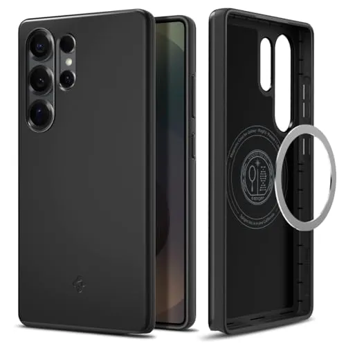 Spigen Thin Fit MagFit Hülle für Samsung Galaxy S25 Ultra - Schwarz, Kompatibel mit MagSafe - Standard Handyhüllen mit integriertem Magnet für sicheren Halt, matte Oberfläche schützt das Handy und bewahrt die originale Form. Flexibel und maßgeschneidert für alle Anschlüsse.