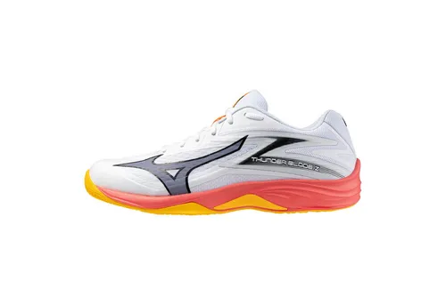 Mizuno THUNDER BLADE Z - Unisex Volleyballschuh - Volleyballschuhe in Weiß/Fiery Coral/Citrus, bieten exzellente Dämpfung und Stabilität für optimale Leistung auf dem Spielfeld.