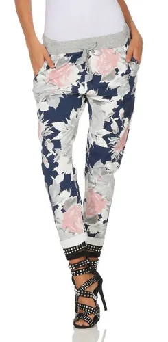 Mississhop 287 Damen Cargohose - Blumen Sweatpants für jeden Anlass - Damen-Hosen in Einheitsgröße 36-42, lässige Boyfriend Hose mit elastischem Gummibund und Tunnelzug für optimalen Komfort. Ideal für Freizeit, Sport oder elegante Looks!