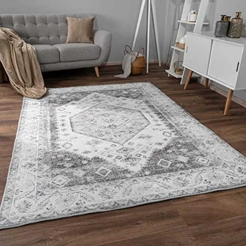 Paco Home Teppich Grau 120x160 cm - Teppich für Wohnzimmer und Schlafzimmer, rutschfest und weich, ideal für eine gemütliche Atmosphäre mit modernem Vintage-Design.