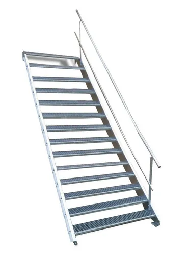Stufen Stahltreppe mit einseitigem Geländer - 14 Stufen, 60cm Breite - Robuste Außentreppe für Geschosshöhen von 210-280cm, ideal für industrielle Anwendungen und inklusive Zubehör für einfache Montage.