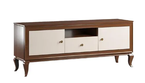 TV Lowboard Sideboard aus Massivholz - Art déco Stil - Elegantes TV-Lowboard aus robustem Massivholz in dunklem Holzton. Mit 1 Schublade und 2 Türen bietet es viel Stauraum für Ihr Wohnzimmer. Maße: 156 x 44 x 67 cm, freistehend und stilvoll.