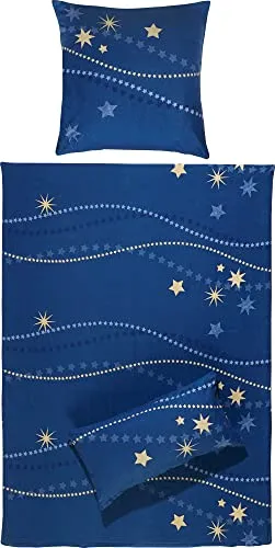 REDBEST Bettwäsche, Bettbezug, Kissenbezug Flanell Sterne blau Größe 80x80 cm / 155x200 cm - für kalte Winternächte, temperaturausgleichend, pflegeleicht, mit praktischem Reißverschluss