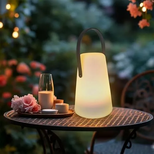 Spetebo LED Tischlampe für Außen mit Lederband konisch - 20 x 14 cm - Garten Tischleuchte mit Timer Funktion - Outdoor Gartenlampe Tisch Leuchte Deko Lampe