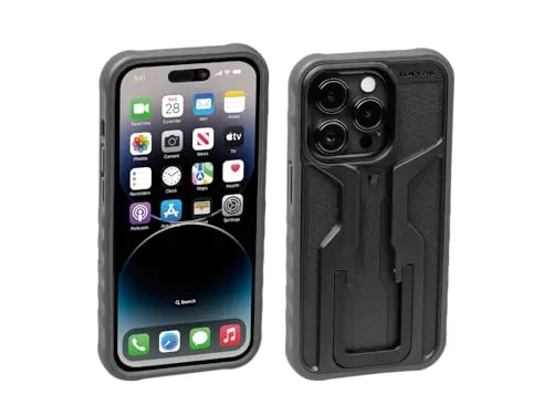 Topeak RideCase Handyhülle für iPhone, Schwarz - Standard Handyhüllen mit stoßfestem Exoskelett und integriertem Klappständer für flexibles Betrachten beim Radfahren.