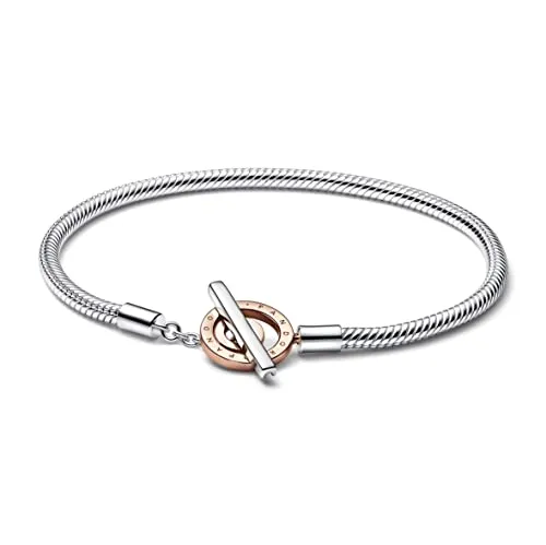 PANDORA Signature Bicolor Logo T-Verschluss Schlangen-Gliederarmband aus Sterling-Silber und rosévergoldeter Metalllegierung - Größe: 21 cm, 582309C00-21