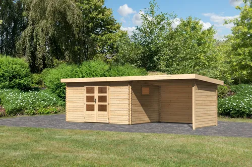 Gartenhaus Trittau 5 mit Anbaudach - Hochwertiges Blockbohlenhaus aus nordischer Fichte, 38 mm Wandstärke, bietet viel Tageslicht durch Doppeltüren mit Lichtausschnitten. Ideal als Unterstellmöglichkeit oder Rückzugsort im Garten.