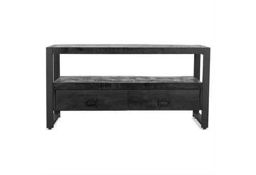Benoa Britt TV-Schrank Schwarz 120 cm mit 2 Schubladen - Stylischer TV-Schrank aus Mangoholz und Stahl mit minimalistischen Design. Bietet praktische Schubladen für Ordnung und bringt modernen Charme in Ihr Wohnzimmer. Größe: 120x45x60 cm.