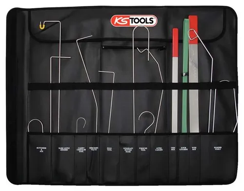 KS Tools KFZ Türöffner-Satz, 16-teilig - Demontagewerkzeug Set mit Rund- und Flachstahl Werkzeugen, ideal für Abschleppdienste, zum Öffnen verschlossener Autotüren von außen, in stabiler Kunstledertasche.