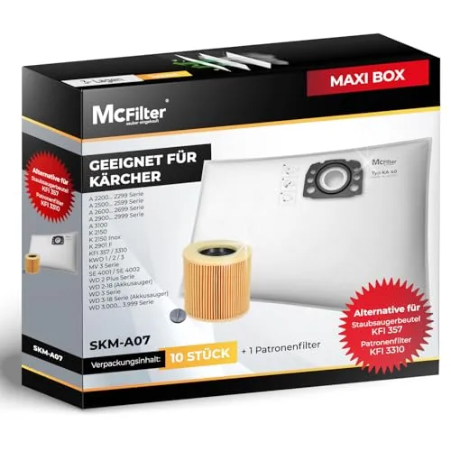 McFilter I 10 Staubsaugerbeutel + 1 Filter für Kärcher - Ersatzbeutel für Zentralstaubsauger, hochwertige Vliesbeutel für optimale Feinstaubfilterung und längere Lebensdauer, ideal für groben und feuchten Schmutz.