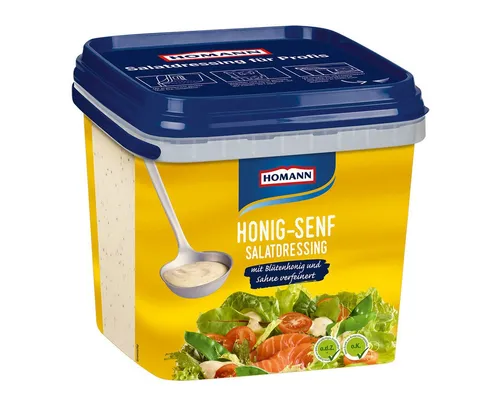 Homann Honig Senf Dressing 4000ml - Cremig-süßes Salatdressing mit ausgewogenem Geschmack, ideal für Ihre Salate oder Dips. Perfekt für große Anlässe und professionelle Küchen.