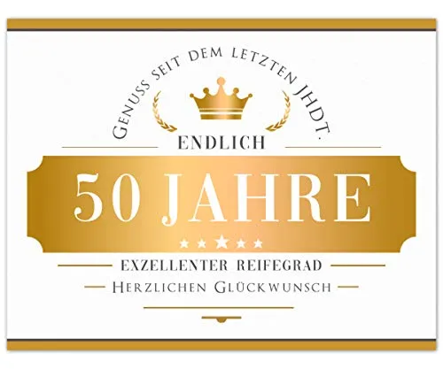Flaschenetikett Endlich 50 Jahre, Aufkleber, Etikett selbstklebend, weiß Gold, Geschenk zum Geburtstag für Mann und Frau, witzige Dekoration
