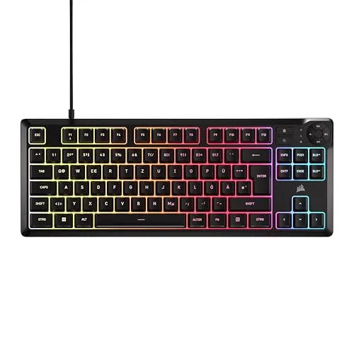 Corsair K55 CORE TKL RGB Gaming-Tastatur – Tenkeyless mit 8-Zonen RGB-Beleuchtung - Eingabegerät mit spritzwassergeschütztem Design und komfortabler Mediensteuerung für ungestörtes Gaming. Genießen Sie mehr Platz für Mausbewegungen und eine reaktionsschnelle Tastendruckerkennung.