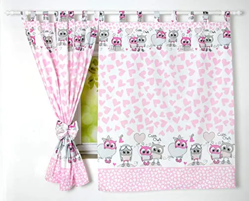 Babylux Kinderzimmer VORHANGE mit Schlaufen Kinder und Baby Gardinen 2X 120x160 cm (103. Eule Rosa)