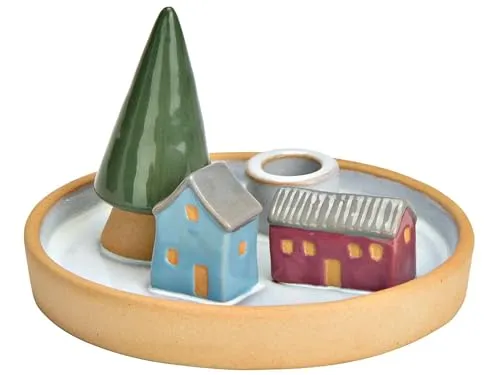 Kerzenhalter aus Steingut Bunt Weihnachtsdeko stilvoller Kerzenständer Winterdeko Tischdeko Wohnzimmer Fensterbank Adventszeit Wohnaccessoire Festliche Dekoration (Tannenbaum und Häuser)