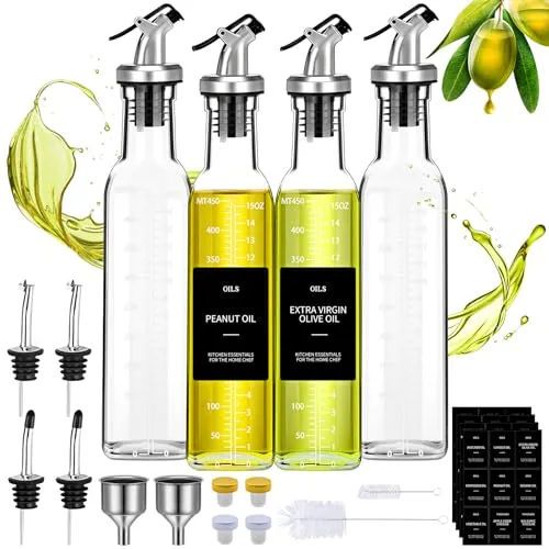 KIMIGO 4 Stück Essig und Ölflaschen Set,500 ML Olivenöl Flasche,Essig und Ölspender mit Trichter,Anti-Schmutz Verschluss,Etikett,Öl Flaschen für Küche,Kochen,Salate und Grillen Geeignet
